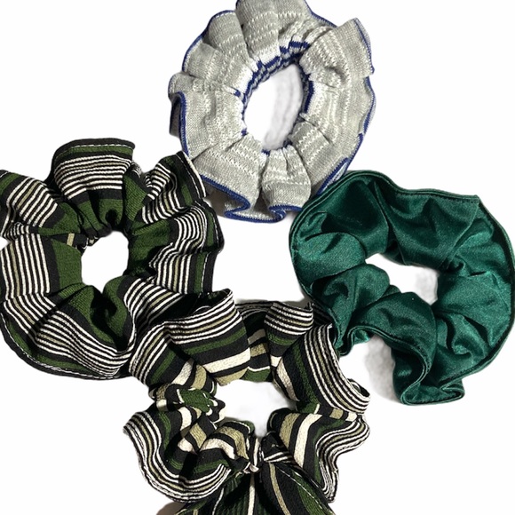 Handmade Scrunchies 4 Pieces Mixed Green Blue Fabrics Handcrafted - Picture 4 of 10
